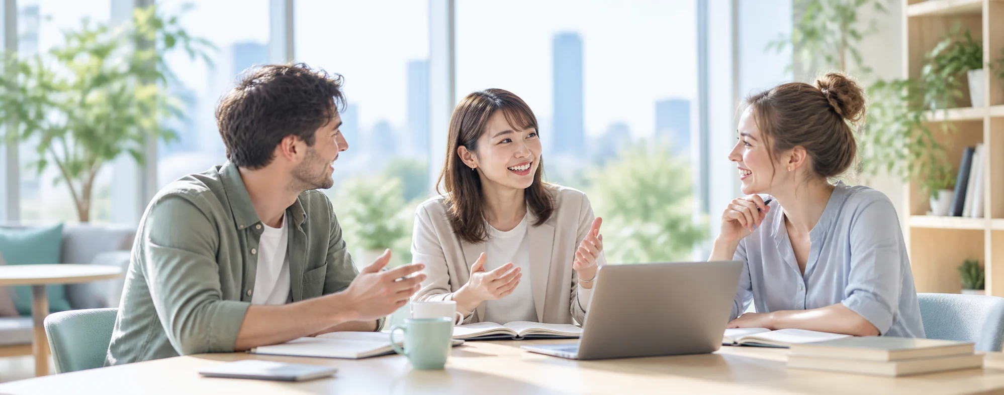 明るい空間で会話を楽しむ英語講師と学習者