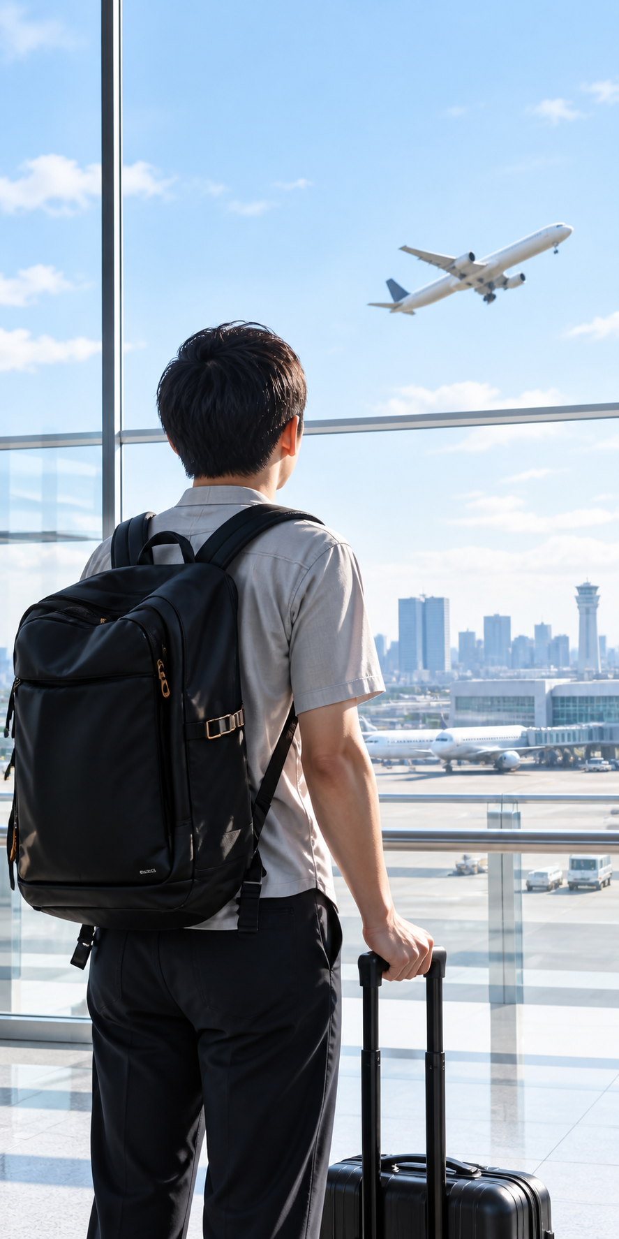 空港から新しい旅へ出発する人